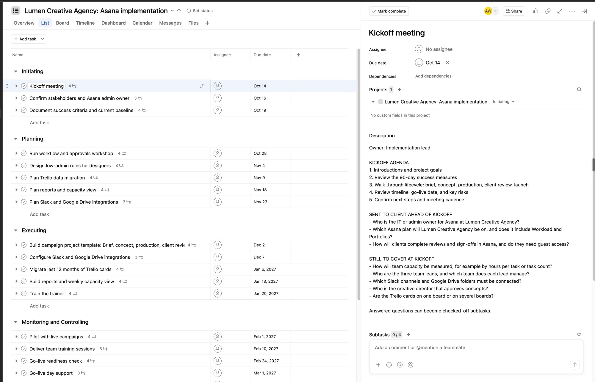 Asana list view of the Lumen project by phase, with the Kickoff meeting task open showing the agenda and questions