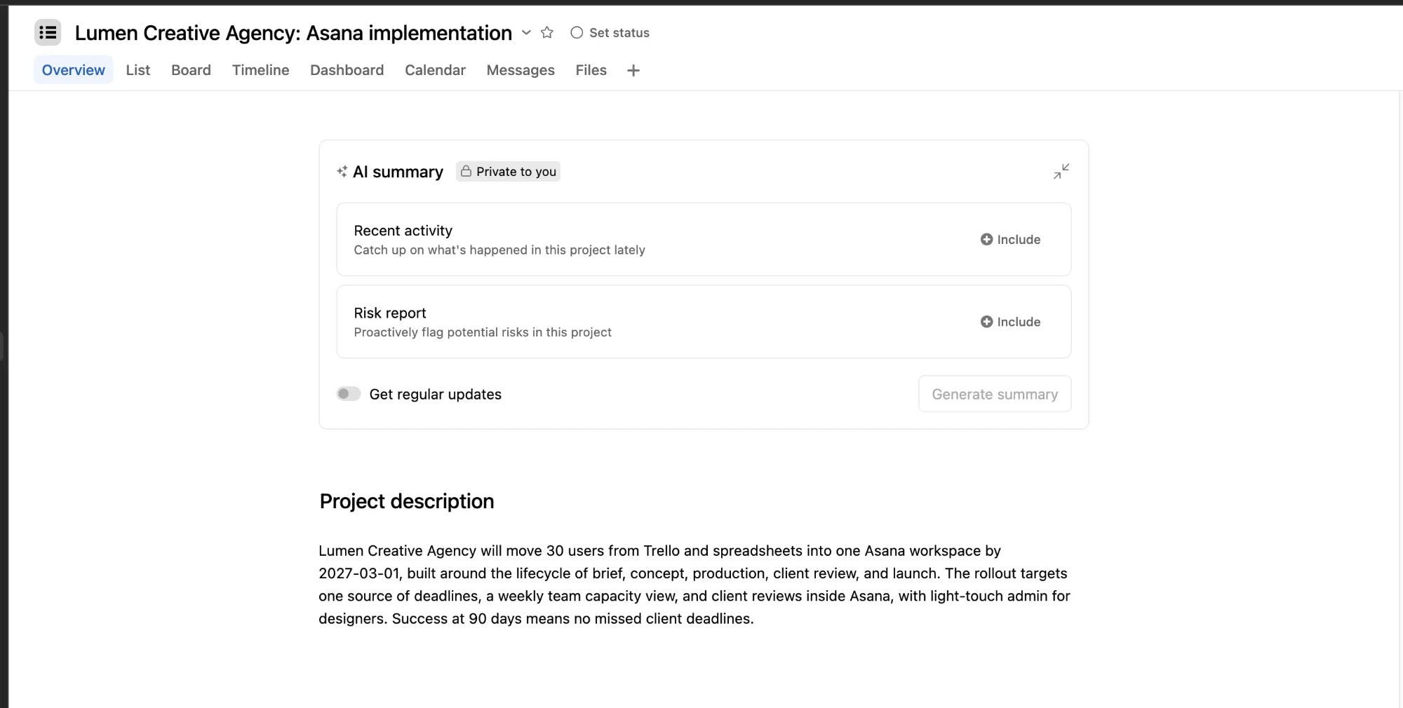 Asana project overview for Lumen Creative Agency with an AI-written project description