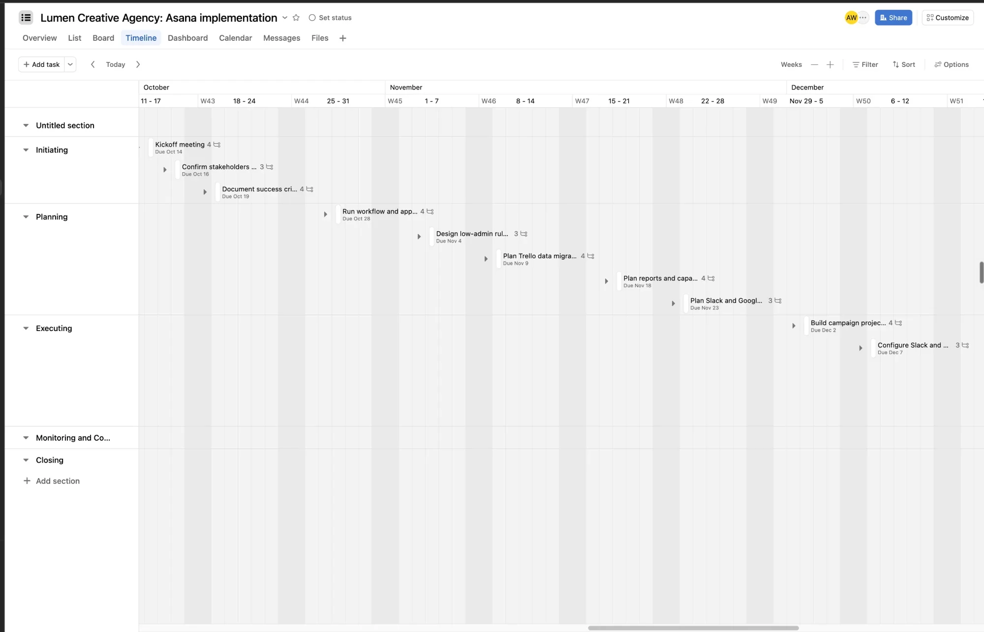 Asana timeline view of the Lumen project with tasks staggered by due date from October to December