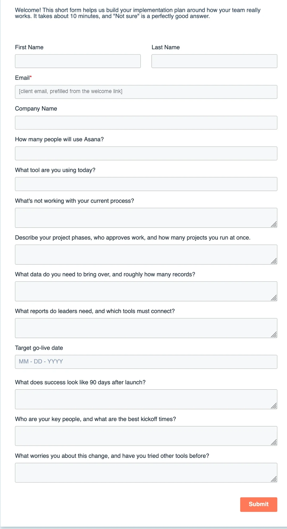 HubSpot intake form with 14 questions about users, current tools, project phases, data, reports, go-live date, success at 90 days, key people and concerns