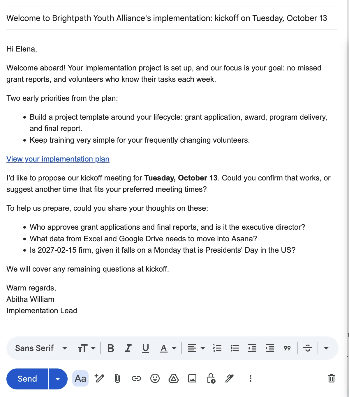 Gmail draft for Brightpath proposing a kickoff on Tuesday, October 13, with two early priorities, a plan link and three questions