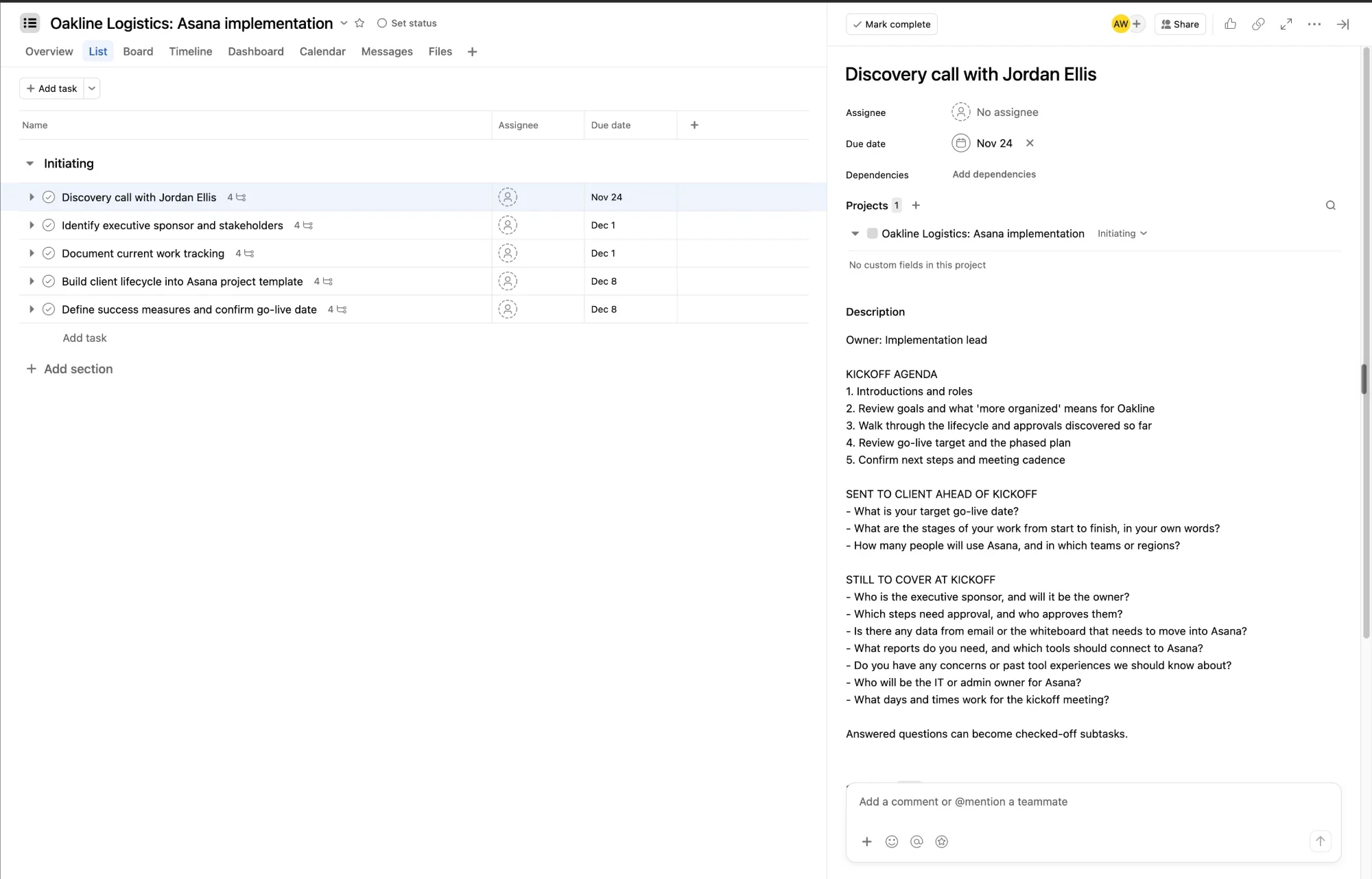 Asana list view of the Oakline Logistics project with only the Initiating phase: discovery call, sponsor, current tracking, lifecycle template and success measures, with the discovery call task open