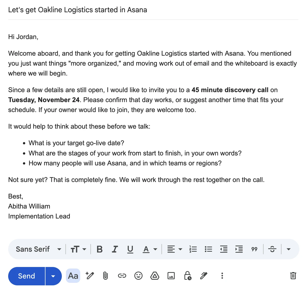 Gmail draft inviting Jordan at Oakline Logistics to a 45-minute discovery call, with three questions to consider and an invitation for the owner to join