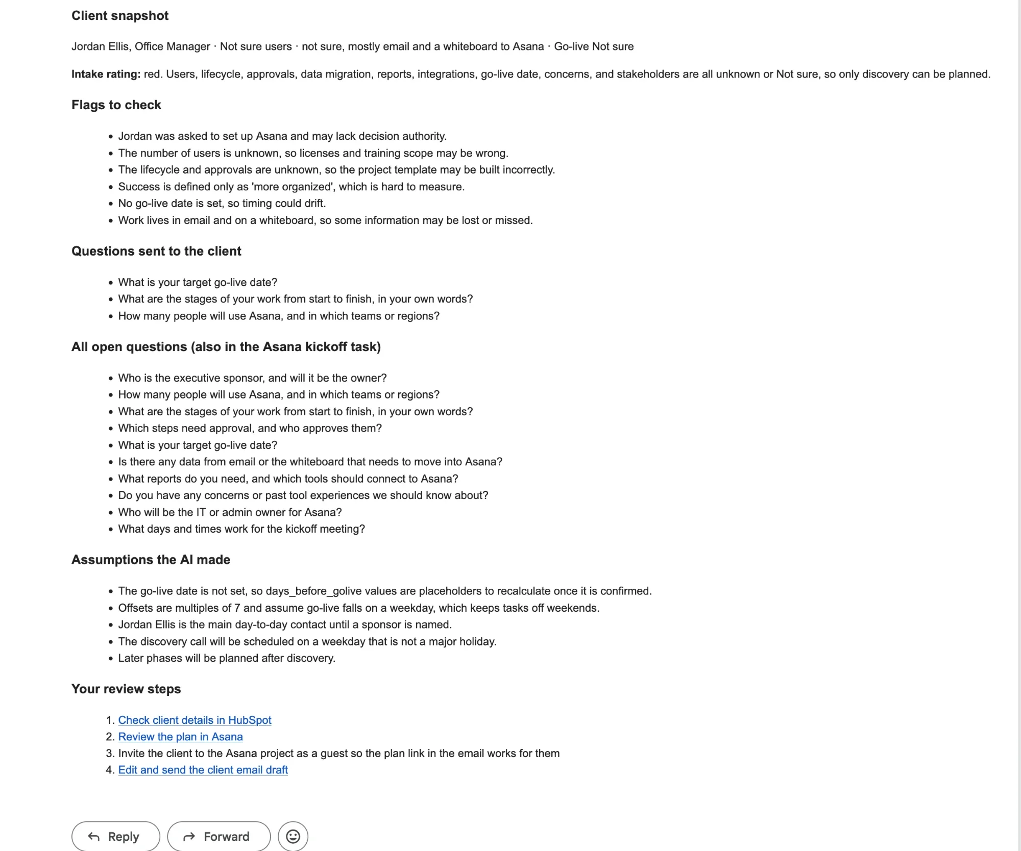 Review packet email for Oakline Logistics: client snapshot, red intake rating with reason, flags to check, questions sent, all open questions, assumptions the AI made, and four review steps