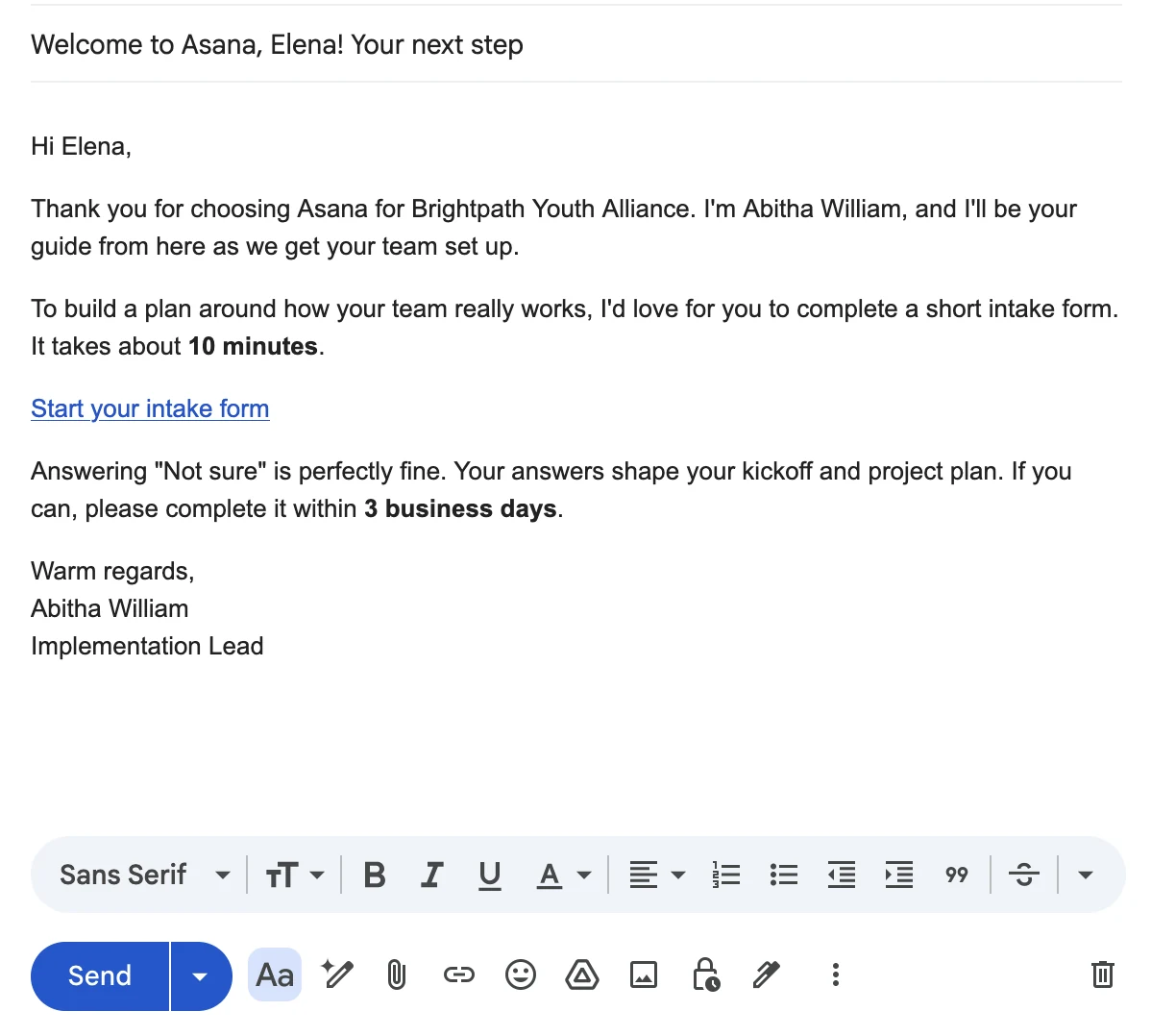 Gmail draft welcoming Elena at Brightpath Youth Alliance, with a Start your intake form link and a 3-business-day ask